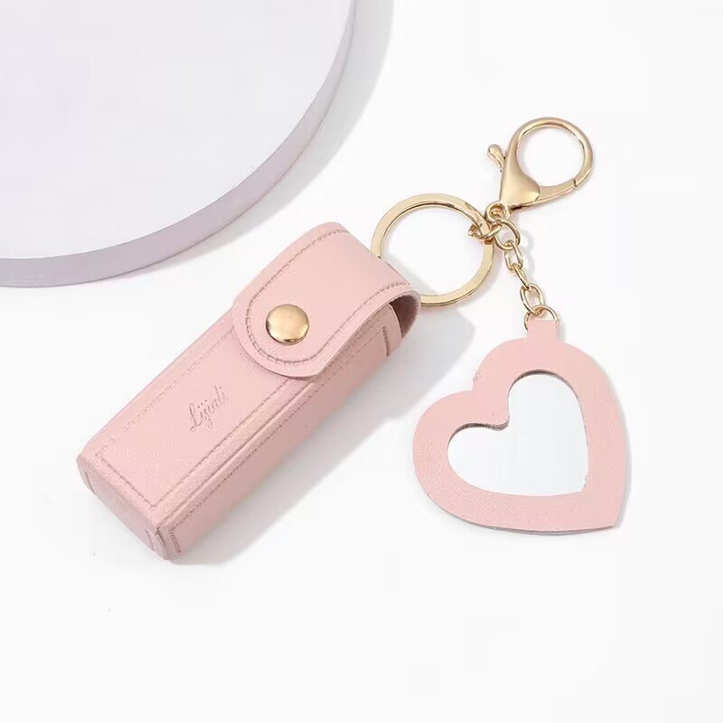 Fashion trend Portable key chain lipstick Case bag Heart-shaped mirror Cosmetics bag Leather mini storage case