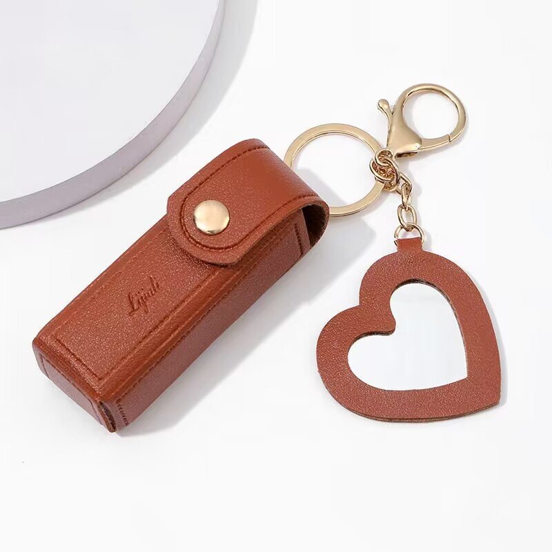 Fashion trend Portable key chain lipstick Case bag Heart-shaped mirror Cosmetics bag Leather mini storage case