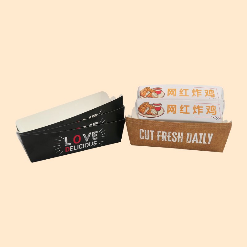 Disposable take out fried chicken boxes kraft paper boat fast food tray snack french fries boat box tray recyclable for food