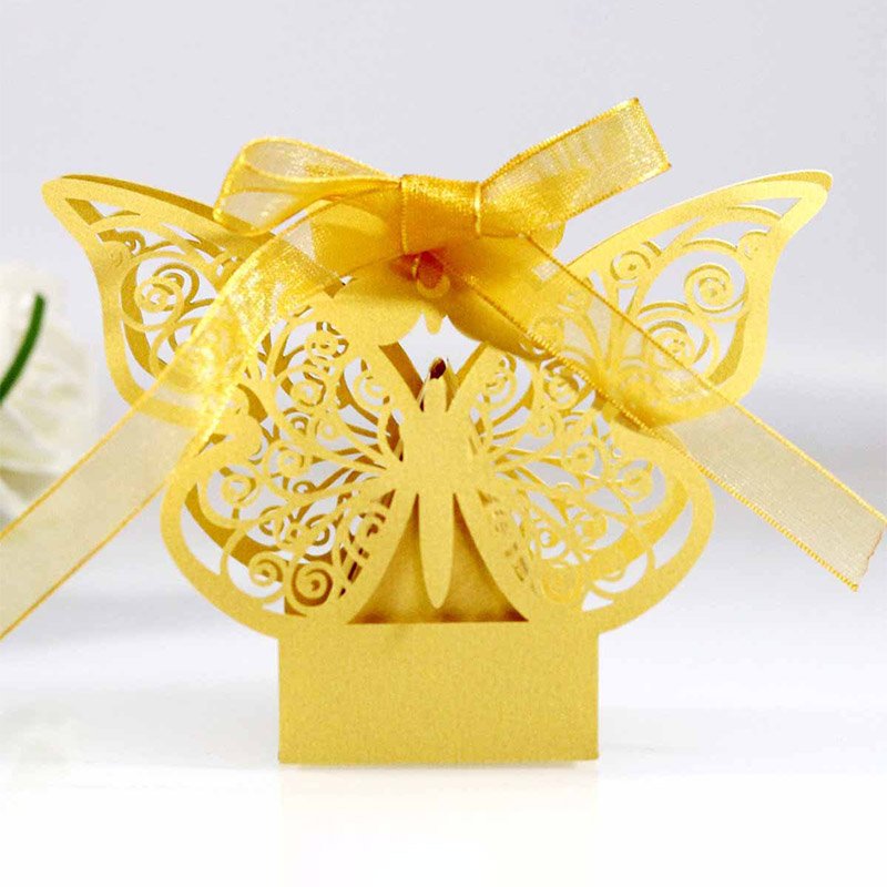 Creative Design Wedding Party Favor Chocolate Candy Packaging Box With Ribbon Laser Cut Butterfly Gift Boxes