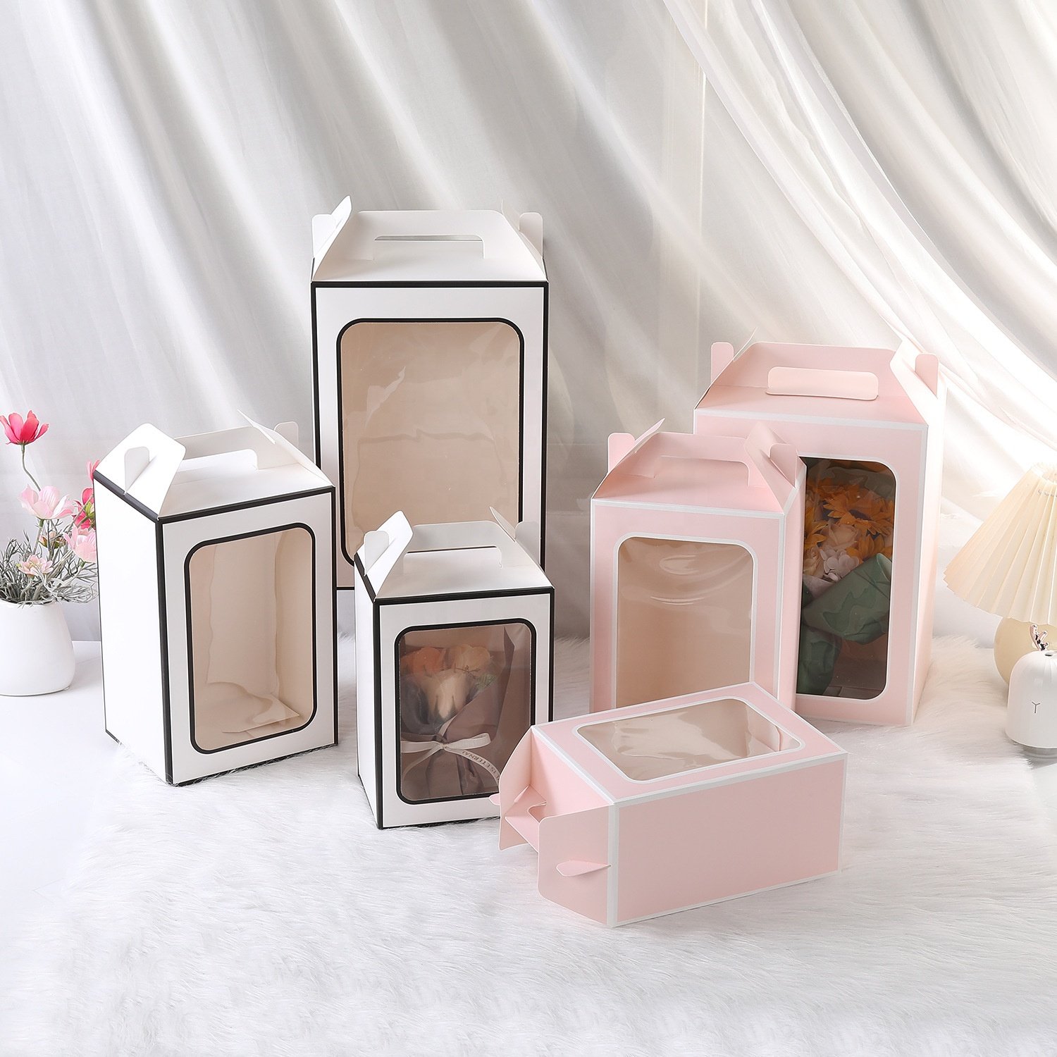 Custom Luxury Foldable Art Paper Flower Packaging Transparent Wedding Gift Boxes with Handle