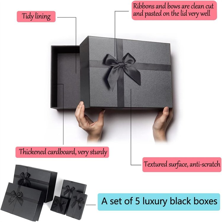 Custom Gift Boxes with Lids, Black Gift Boxes for Presents, Set of 5 Sturdy and Luxury Black Boxes for Gifts (Black)