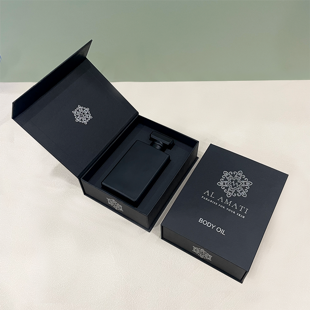 Custom Black Luxury Rigid Magnetic Gift Box Perfume Box Packaging Cosmetic Bottle Paper Packaging Skincare Set Essential Oil Box