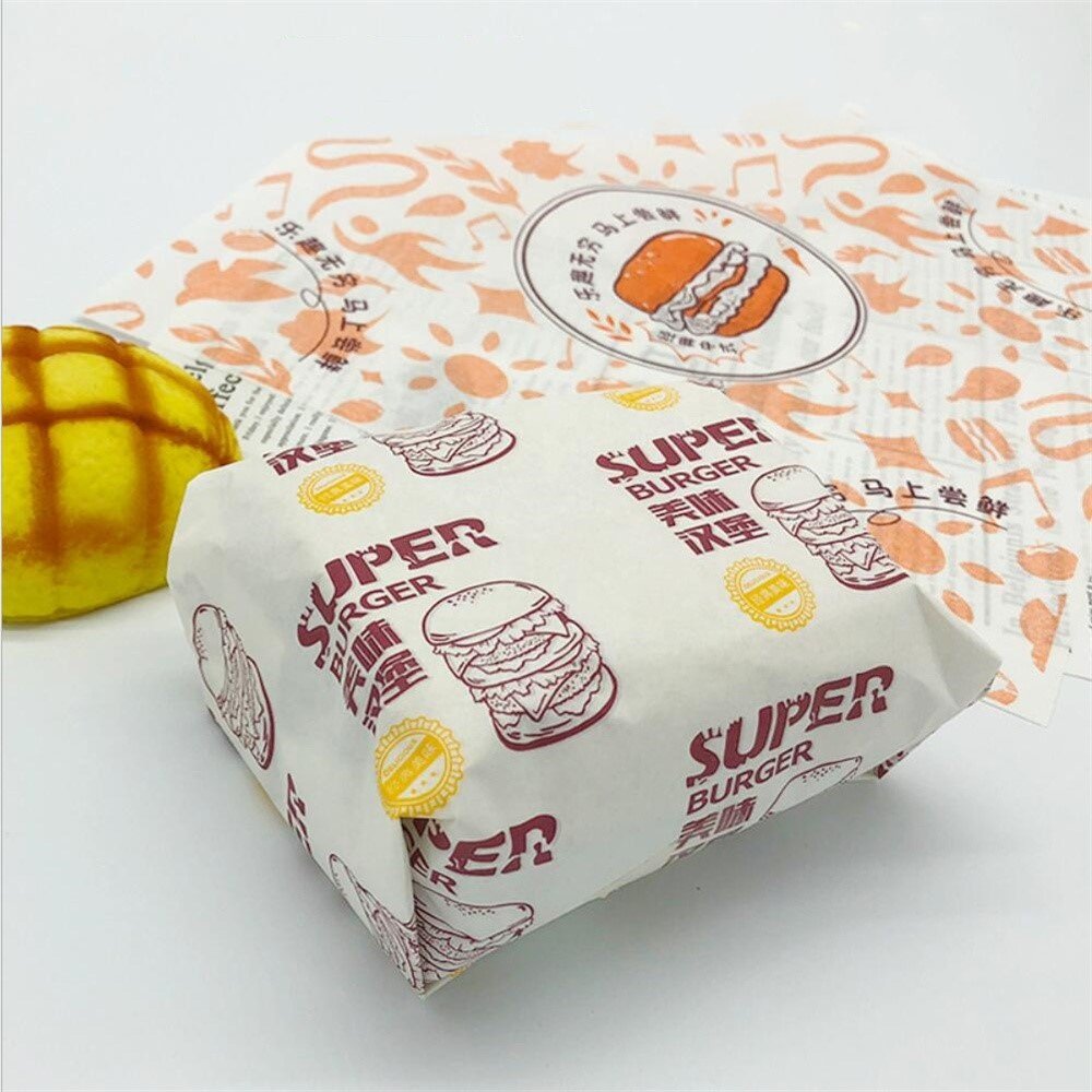 Custom Fast Food Hamburger Packaging Waxed Paper Food Wrapping Paper Printed Greaseproof Paper