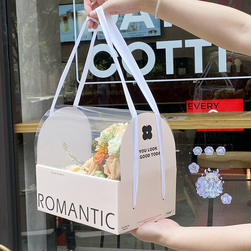 New Design Flower HandBag Valentine's Day Mother's Day PVC Transparent Cake Flower Box with Handle