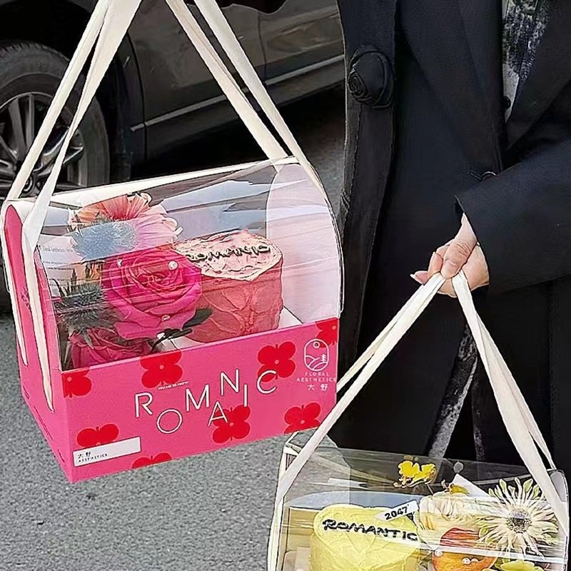 New Design Flower HandBag Valentine's Day Mother's Day PVC Transparent Cake Flower Box with Handle