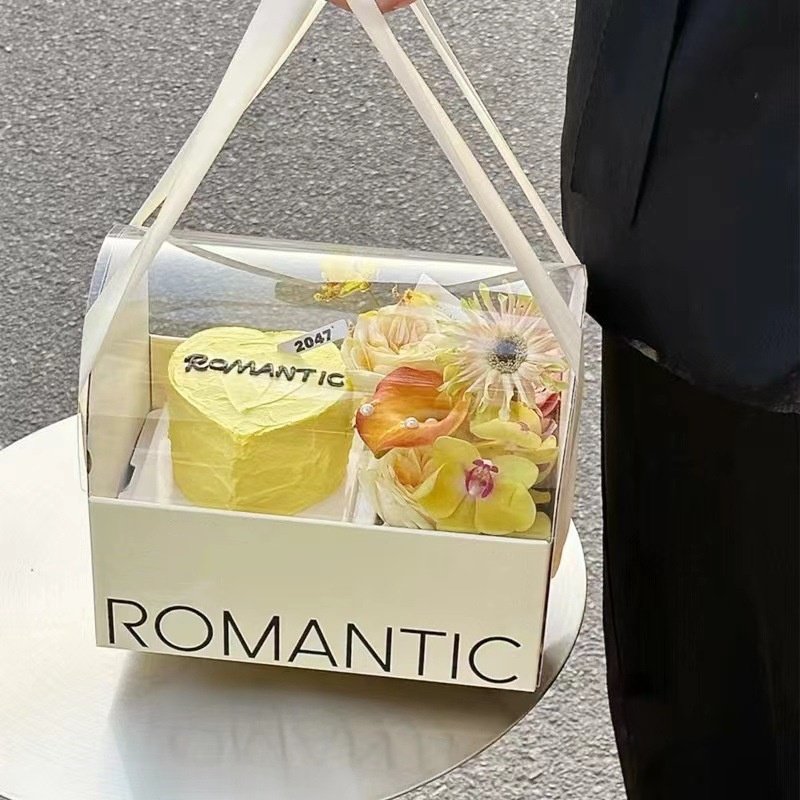 New Design Flower HandBag Valentine's Day Mother's Day PVC Transparent Cake Flower Box with Handle