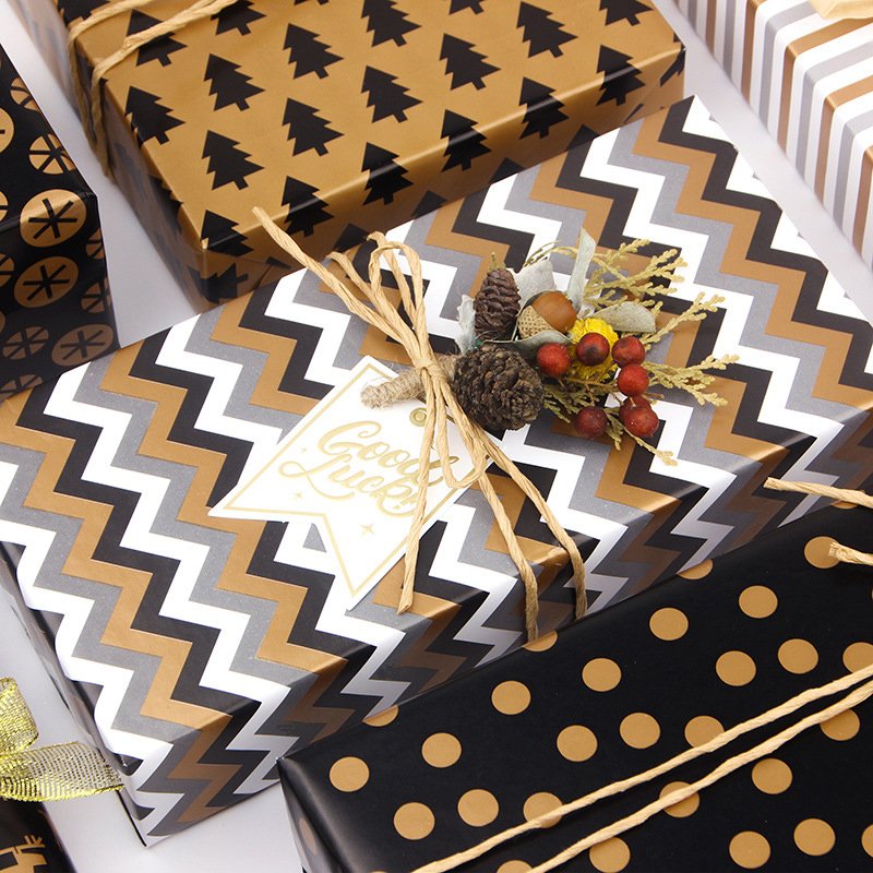 Black Gold and Kraft pattern Gift Wrapping Paper Recycled Birthday Wrapping Paper Sheets for Present Wrapping Paper for Gift