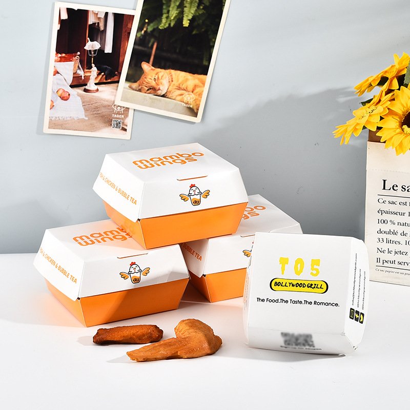 Customized Clam Clamshell Disposable Food Packaging Kraft Paper Foodgrade Fast Food Burger Fry Chicken Hotdog Box
