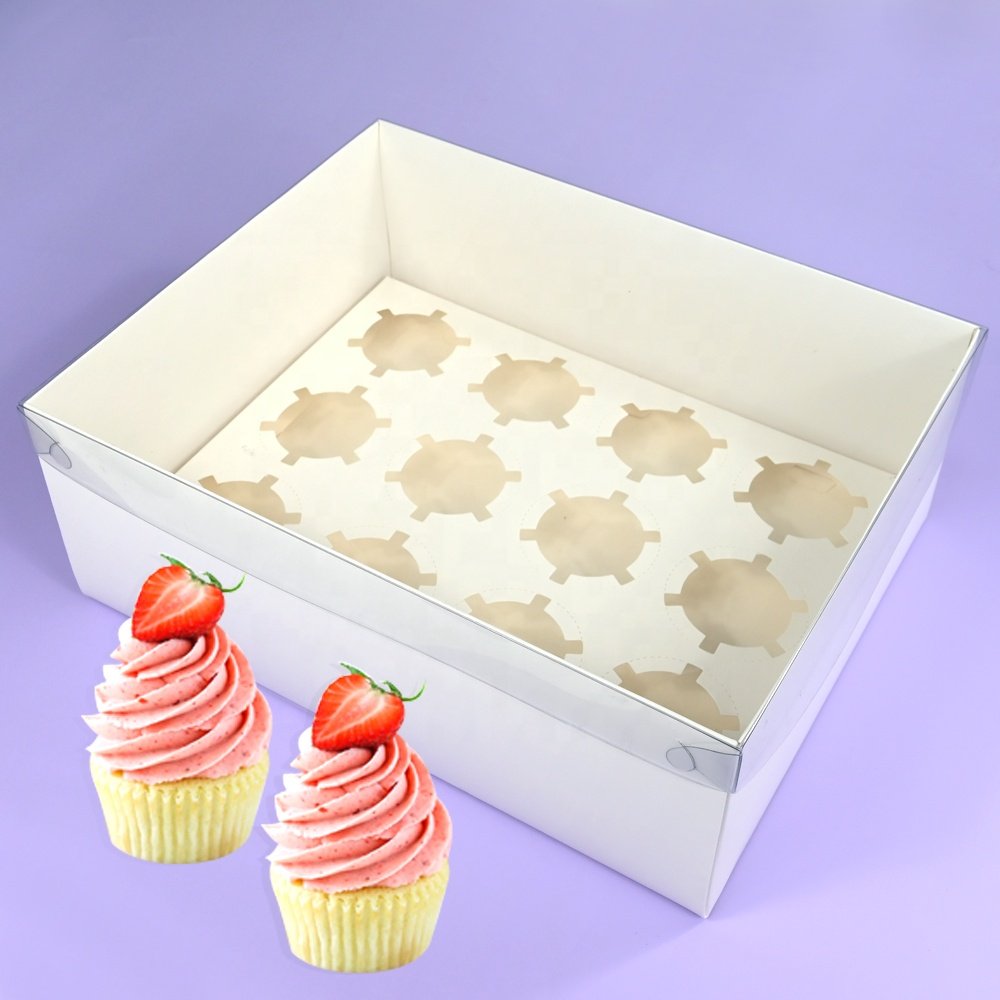 XJH Cupcake Box 12 Hole Clear Lid Cupcake Boxes and Packaging White Card Paper Dessert Box for Party Wedding