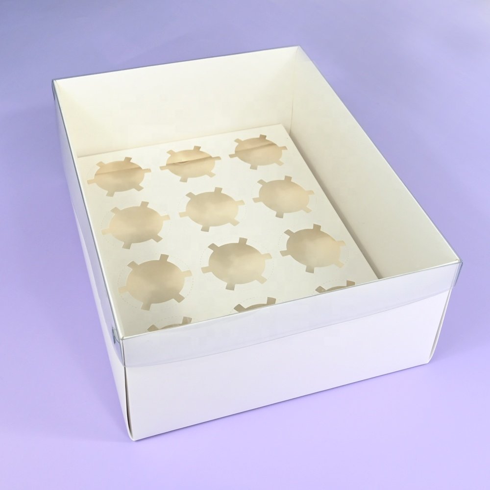 XJH Cupcake Box 12 Hole Clear Lid Cupcake Boxes and Packaging White Card Paper Dessert Box for Party Wedding