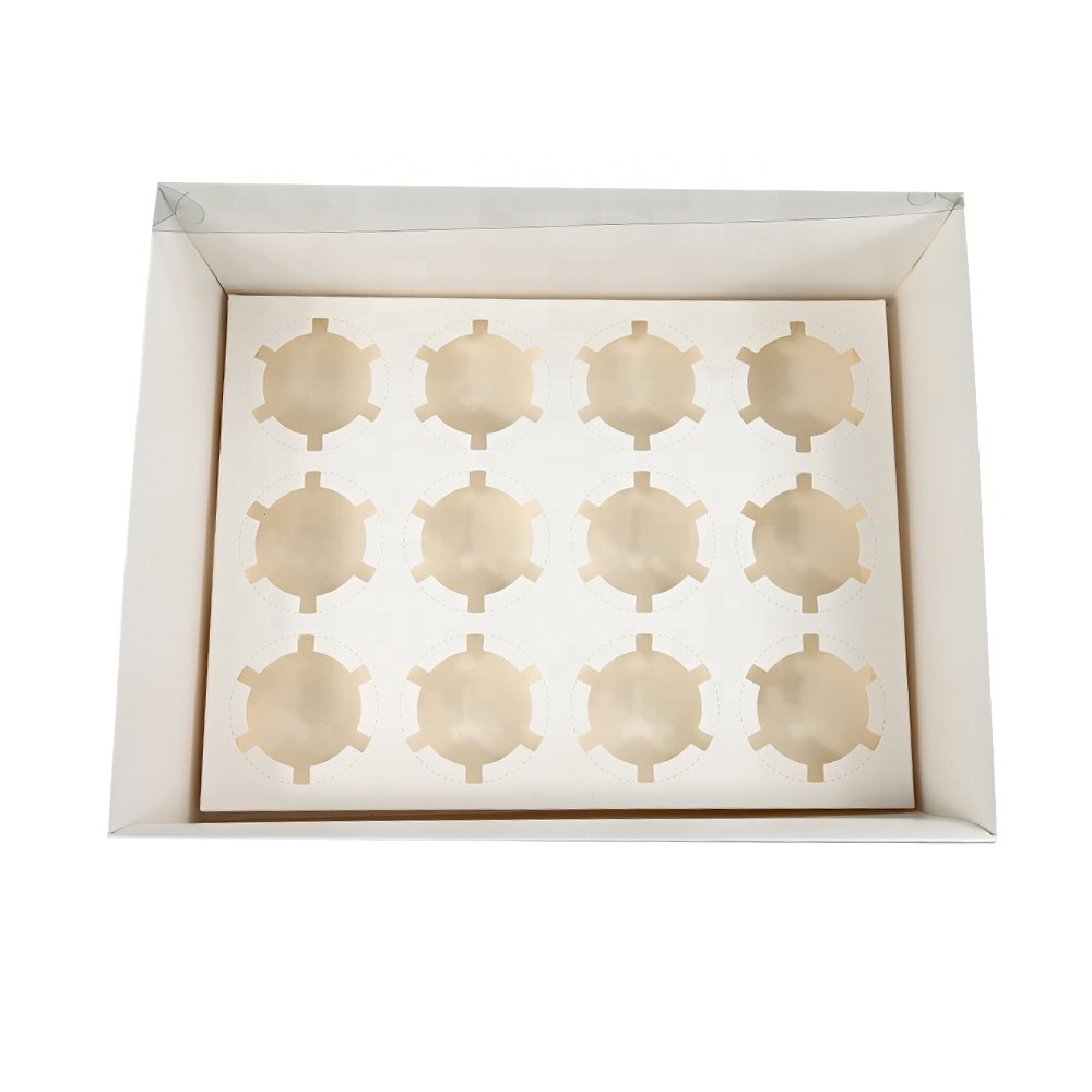 XJH Cupcake Box 12 Hole Clear Lid Cupcake Boxes and Packaging White Card Paper Dessert Box for Party Wedding
