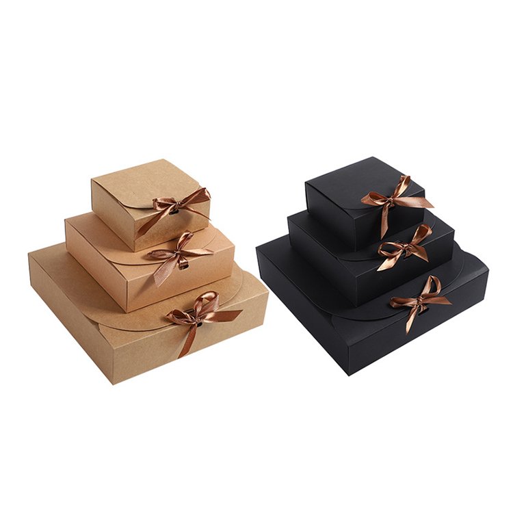 Custom Printed Small Wedding Candy Black Kraft Paper Gift Box With Gold Bow Cake Packaging Paper Boxes