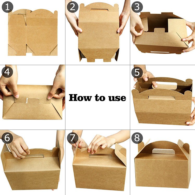 Brown Kraft Paper Gable Gift Boxes food grade Goodies Wedding Favor boxes with handle large