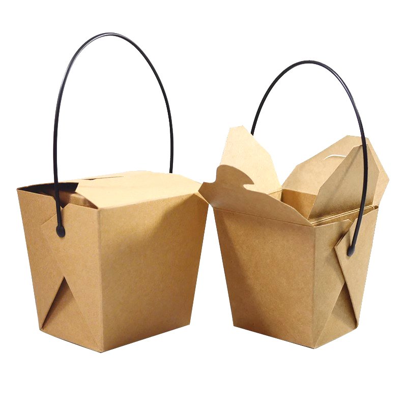 Custom Craft Paper Folding Noodle Takeway Box 16oz 26oz 32oz Brown Kraft Fast Food Box Packaging Lunch Noodle Box With Handle