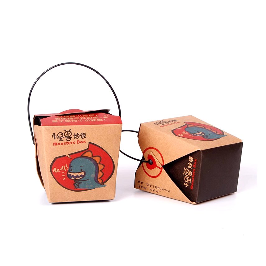 Custom Craft Paper Folding Noodle Takeway Box 16oz 26oz 32oz Brown Kraft Fast Food Box Packaging Lunch Noodle Box With Handle