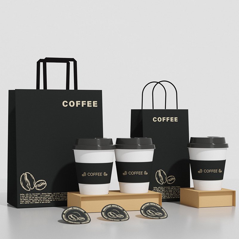 Biodegradable Coffee Cup Bags With Handle Rope Custom Paper Shopping Packaging Bags Flat Bottom Eight-Sided Sealing Bag Pouch