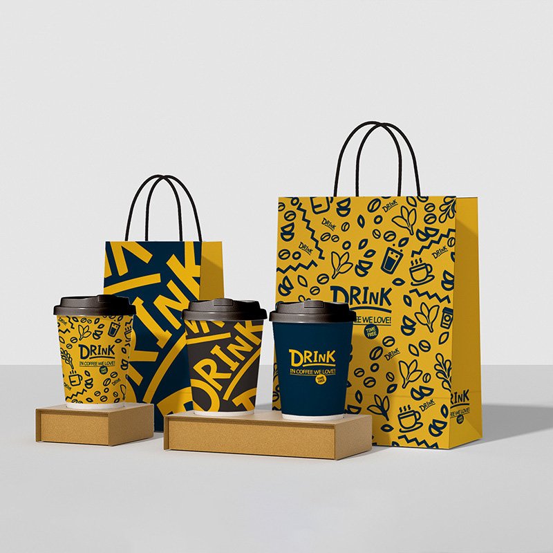 Biodegradable Coffee Cup Bags With Handle Rope Custom Paper Shopping Packaging Bags Flat Bottom Eight-Sided Sealing Bag Pouch