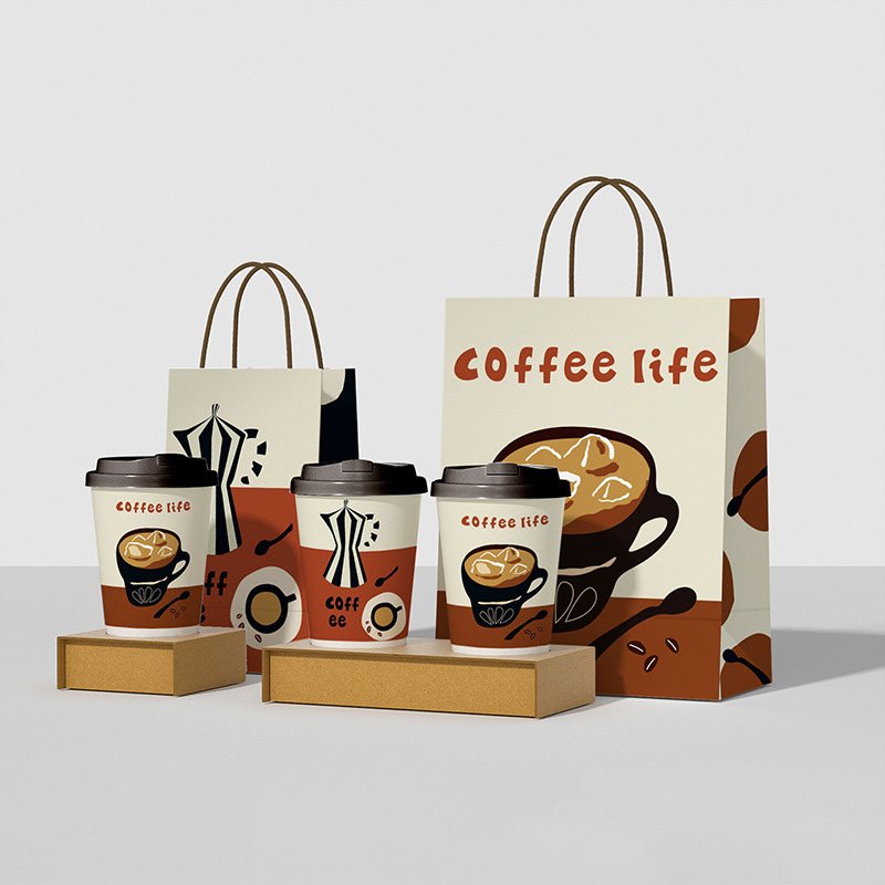 Biodegradable Coffee Cup Bags With Handle Rope Custom Paper Shopping Packaging Bags Flat Bottom Eight-Sided Sealing Bag Pouch