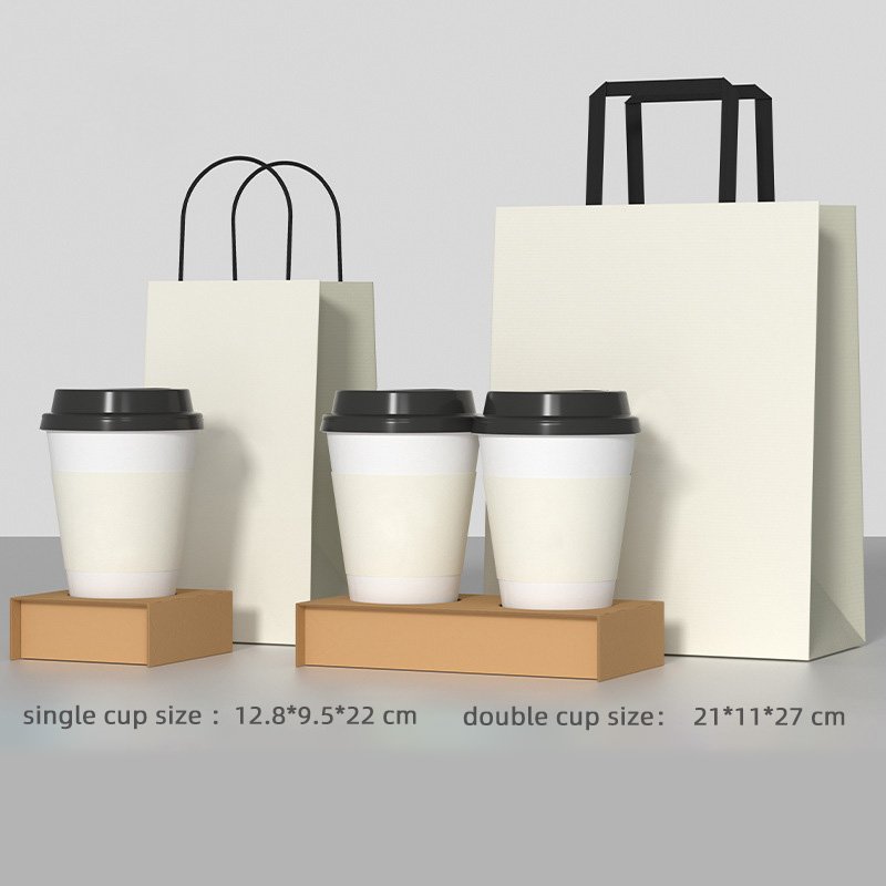 Biodegradable Coffee Cup Bags With Handle Rope Custom Paper Shopping Packaging Bags Flat Bottom Eight-Sided Sealing Bag Pouch