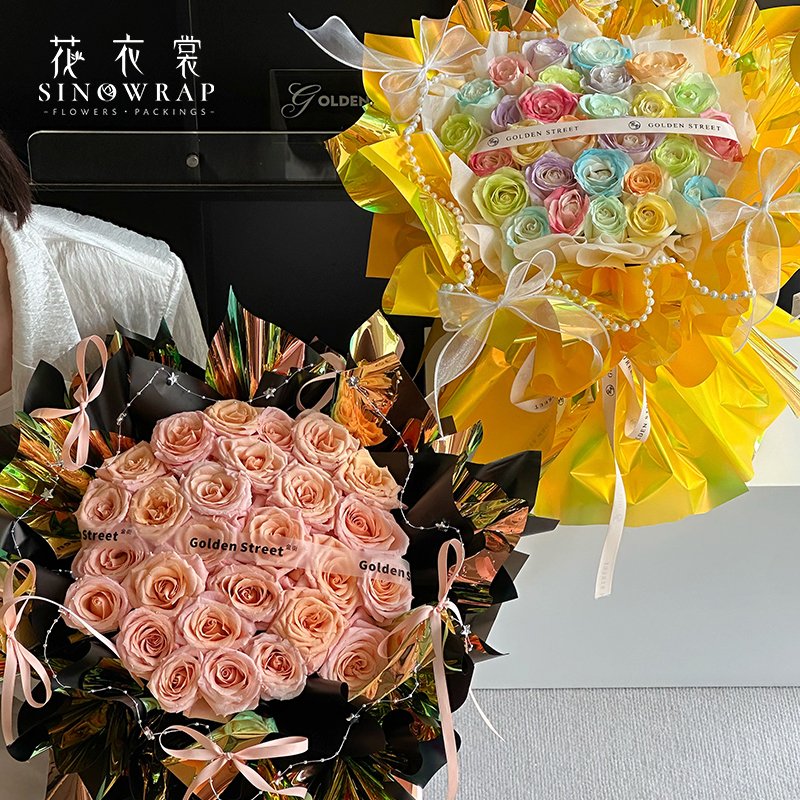 2024 Sinowrap fashion new arrival plastic shinning wrapping paper waterproof rainbow