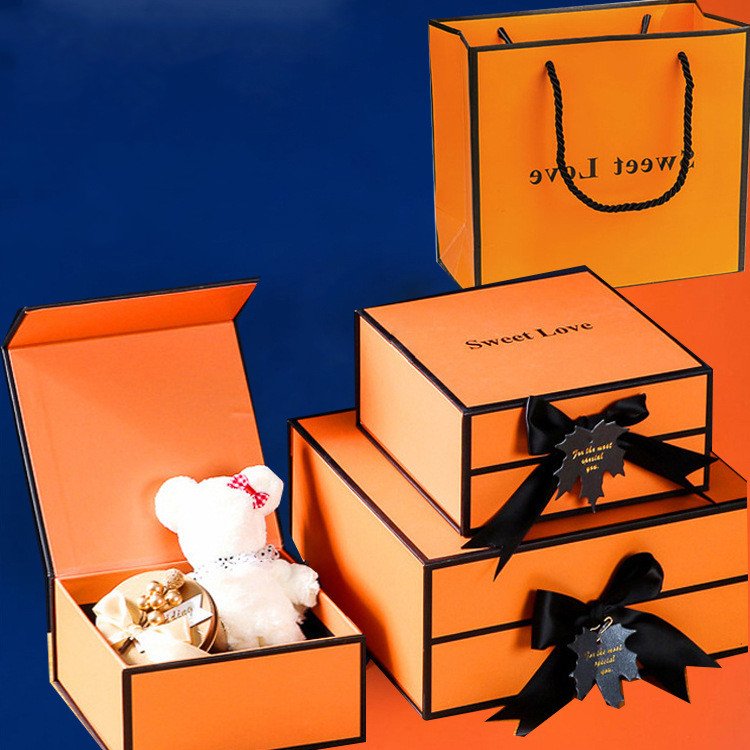 2024 Custom Luxury Paper Package Box Packaging Orange Bow-Knot Small Square Gift Box for Clothing Packaging