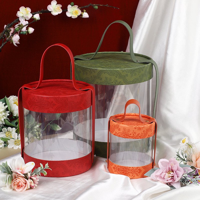PVC Round transparent carrying box Green cEmpty box snacks hug bucket packaging flower gift box
