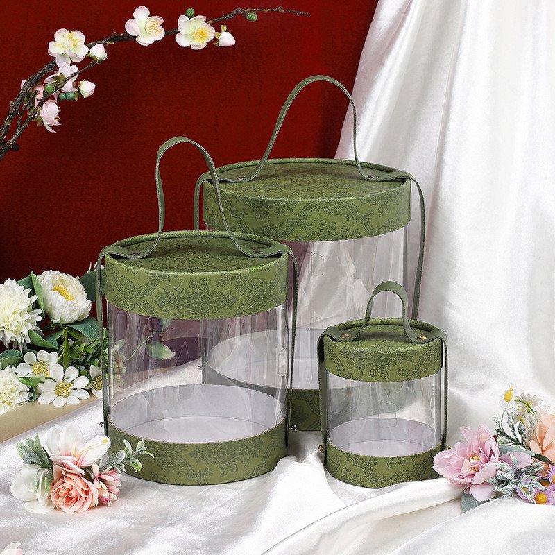 PVC Round transparent carrying box Green cEmpty box snacks hug bucket packaging flower gift box