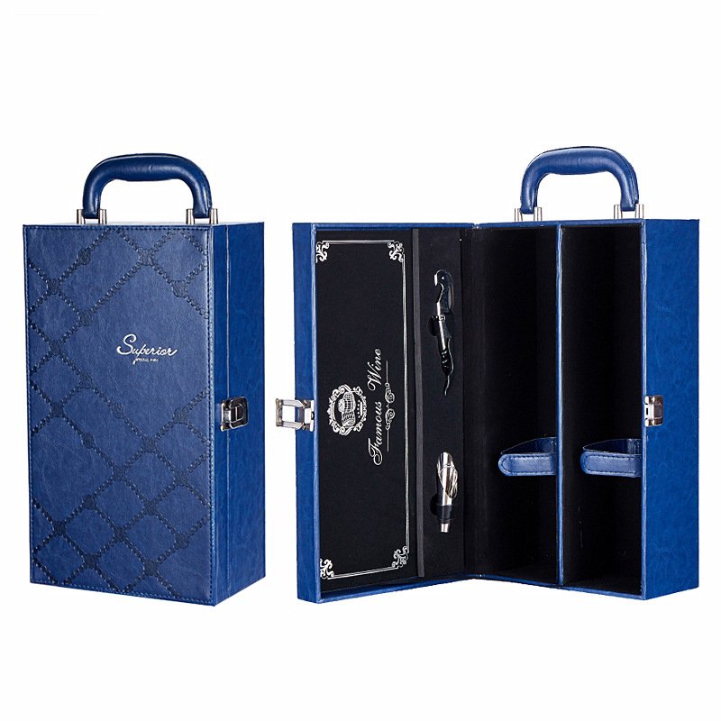 Wholesale custom printing luxury wooden Pu leather wine bottle gift packaging box wine box with bottle opener