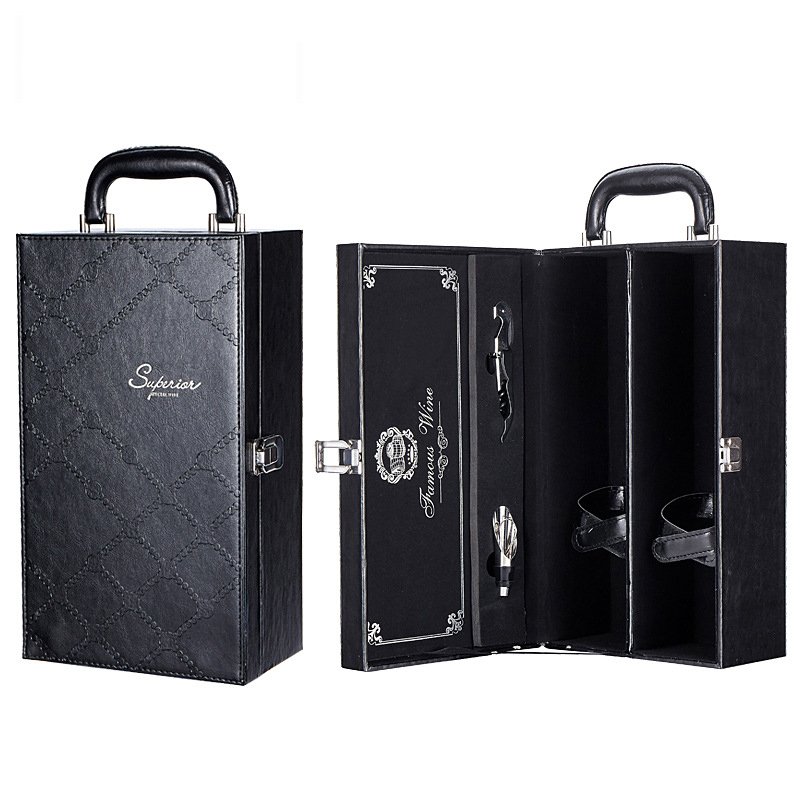 Wholesale custom printing luxury wooden Pu leather wine bottle gift packaging box wine box with bottle opener