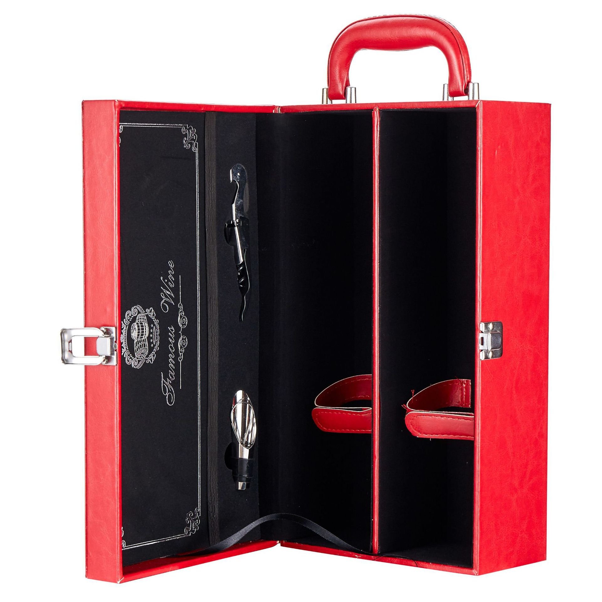 Wholesale custom printing luxury wooden Pu leather wine bottle gift packaging box wine box with bottle opener