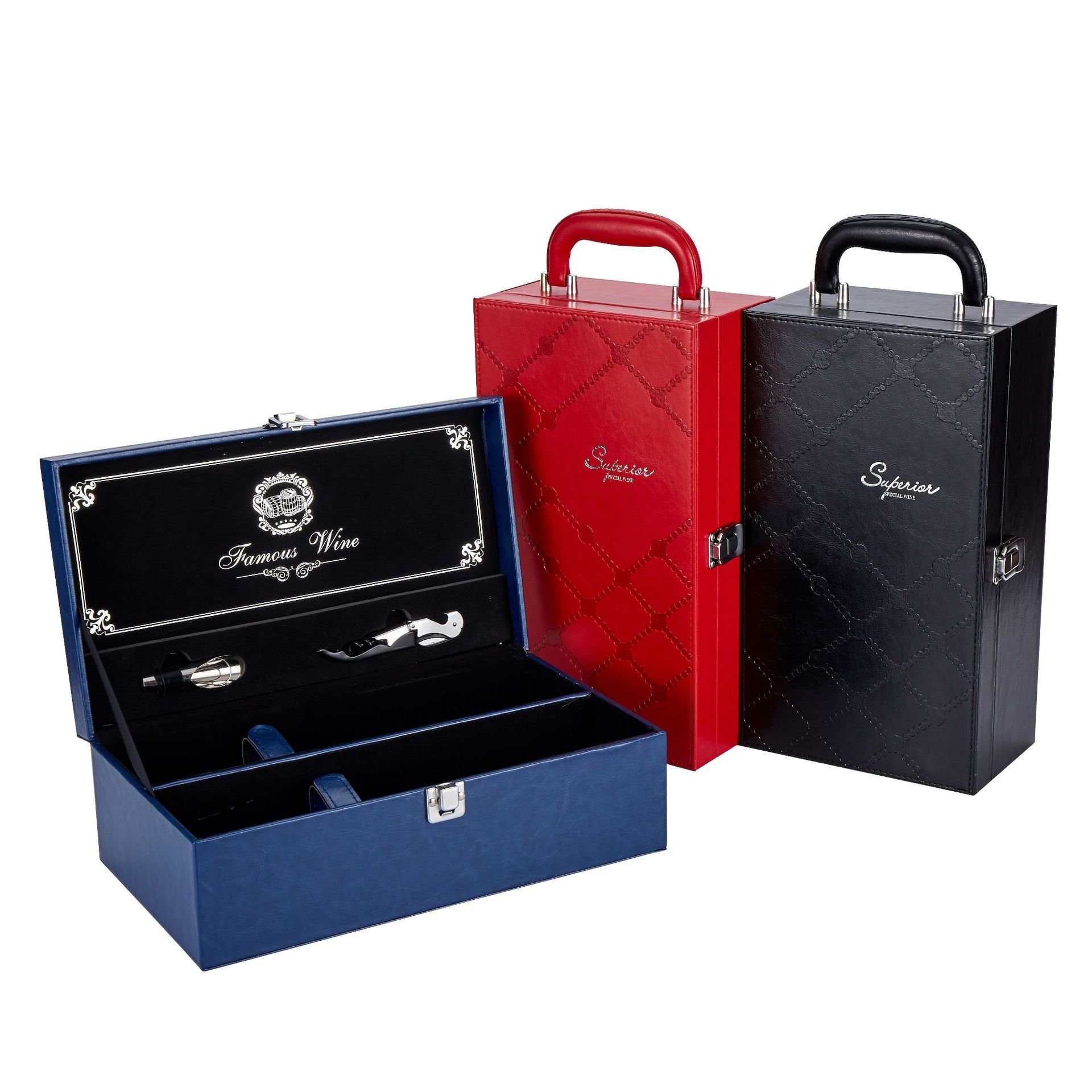 Wholesale custom printing luxury wooden Pu leather wine bottle gift packaging box wine box with bottle opener