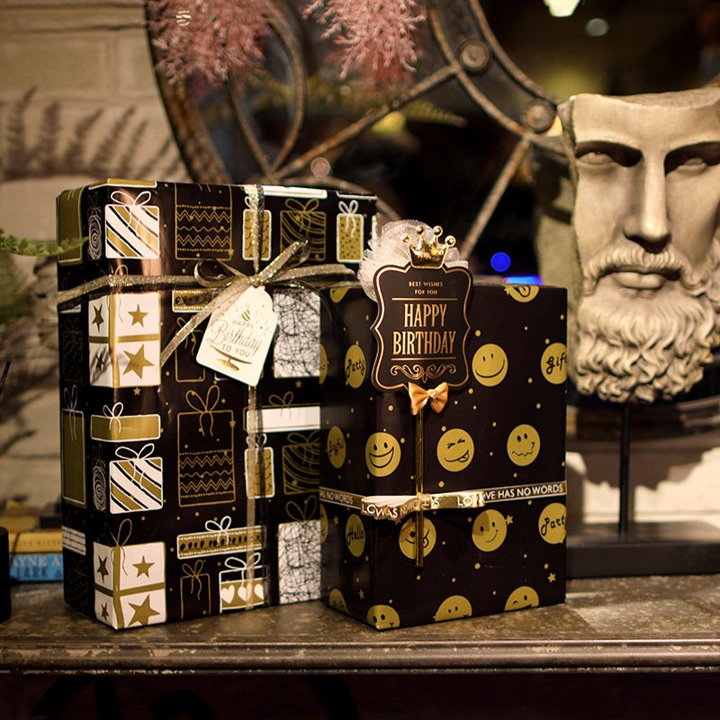 Happy Birthday Gift Box Packaging Paper Sheet Black And Gold Love Heart Patterns For Wrapping Presents