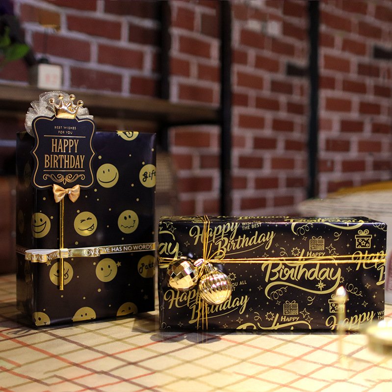 Happy Birthday Gift Box Packaging Paper Sheet Black And Gold Love Heart Patterns For Wrapping Presents