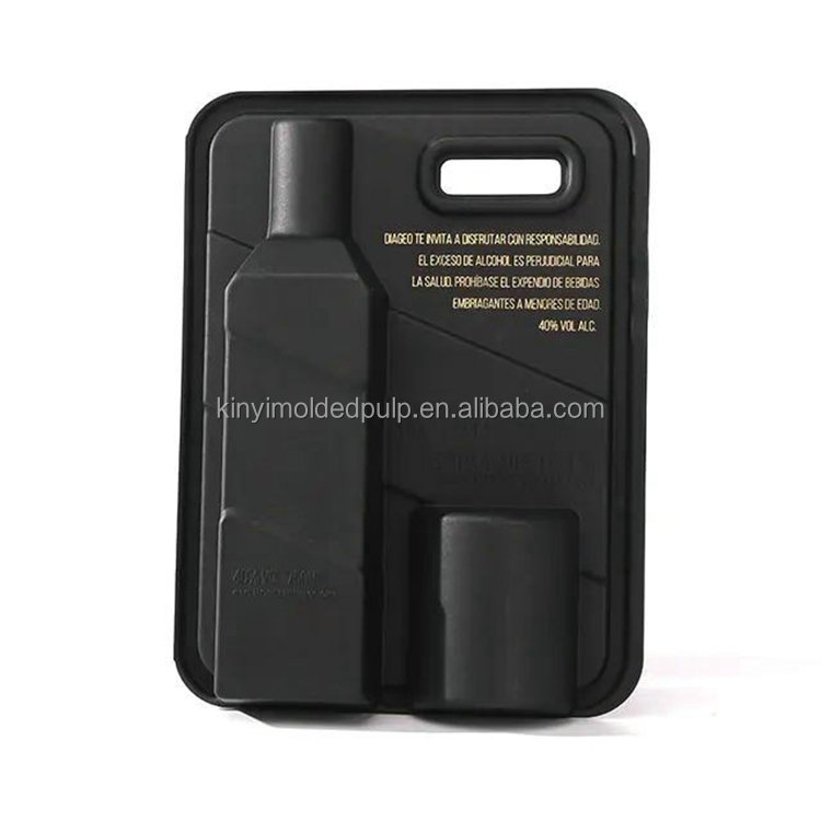 E Custom Paper Color Molded Pulp Glass Wine Bottle Shipper Gift Box Black Tray Packaging With Gold Stamping