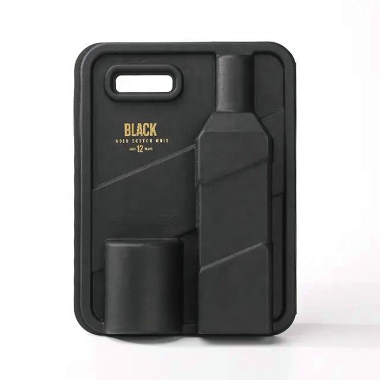 E Custom Paper Color Molded Pulp Glass Wine Bottle Shipper Gift Box Black Tray Packaging With Gold Stamping