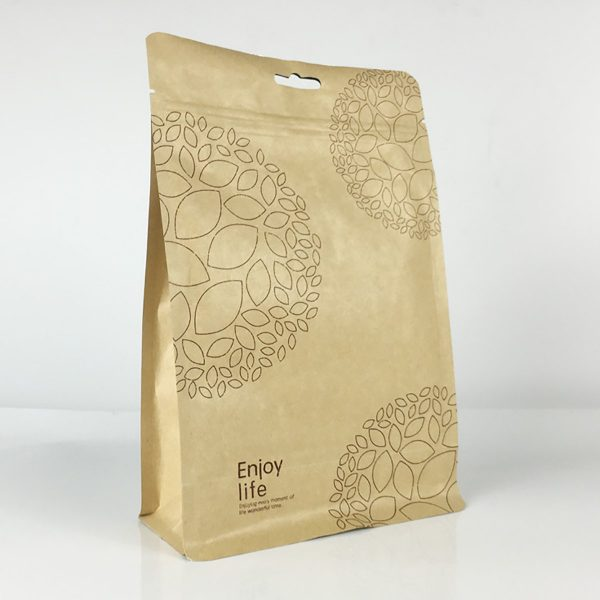 Custom Printed Compostable Food Grade Kraft Paper Flat Bottom Empty Packaging Pouches Bag For Tea Powder Coffee Bean Snack Nuts