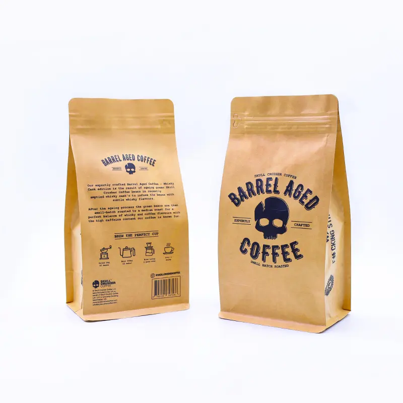 Custom Printed Compostable Food Grade Kraft Paper Flat Bottom Empty Packaging Pouches Bag For Tea Powder Coffee Bean Snack Nuts