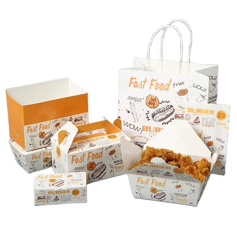 Customized Take Away Food Grade Paper Box Hot Dog To Go French Fries Chicken Carton Burger Box for Fast Food Packaging