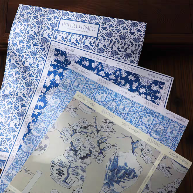 Florist Bouquet Packaging China Blue White Porcelain Printing Papel Regalo Floral Flower Wrap Gift Box Packaging Paper 50x38cm