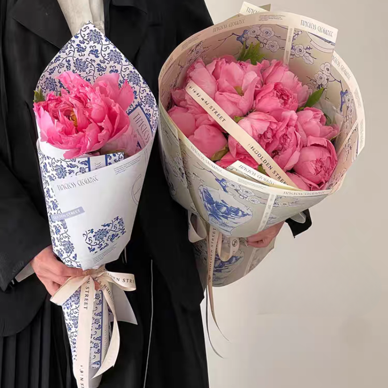 Florist Bouquet Packaging China Blue White Porcelain Printing Papel Regalo Floral Flower Wrap Gift Box Packaging Paper 50x38cm