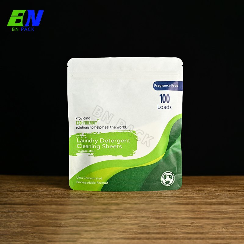 Custom Printing Biodegradable Resealable Laundry Detergent Pods Packaging Stand Up Kraft Paper Bag