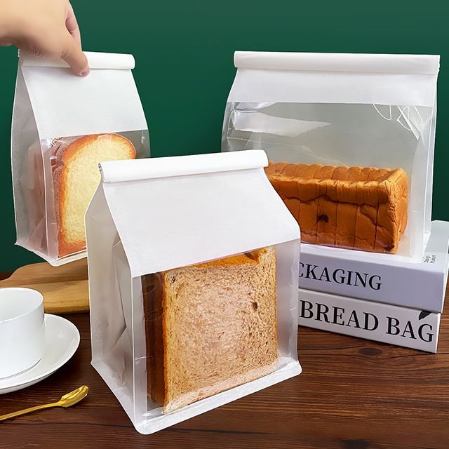 Factory Wholesale Food Grade Toast Bread Bag with Window Flat Bottom Pouch Greaseproof Food Packaging Bakery Kraft Paper Bag