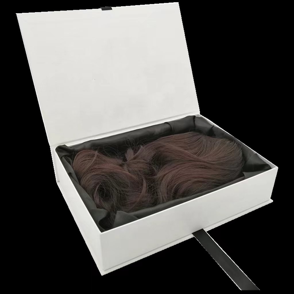 Cajas de papel logo accessories cosmetic box with satin lining makeup scarf flip human wigs pink hair packaging boxes luxury