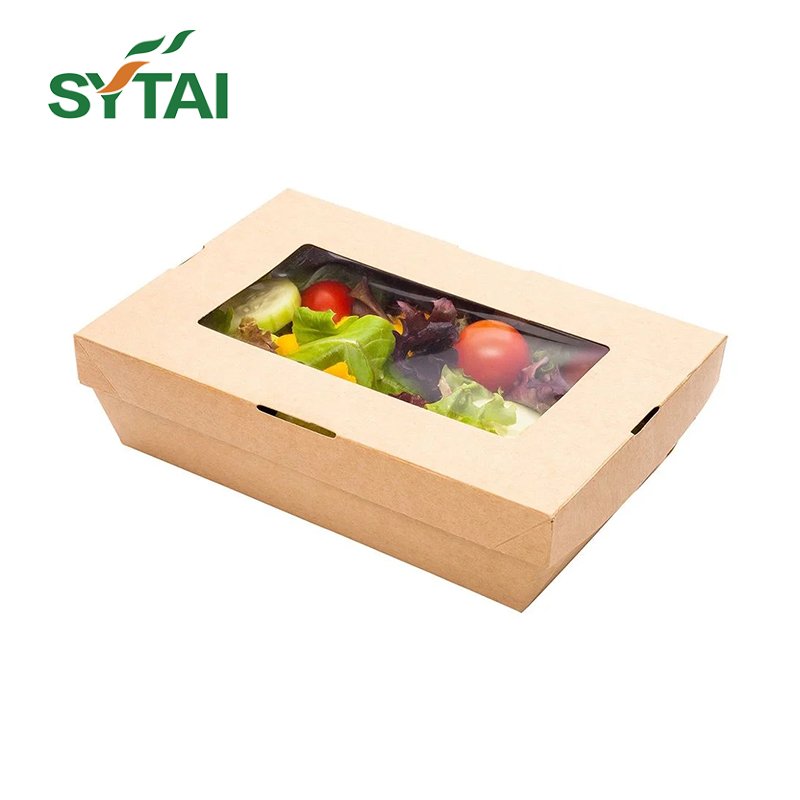 Factory disposable kraft paper lunch food salad lunch box with window takeaway paper box with film for fastfood salad