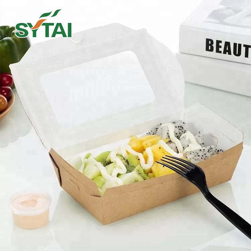 Factory disposable kraft paper lunch food salad lunch box with window takeaway paper box with film for fastfood salad