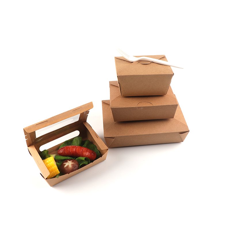 Factory disposable kraft paper lunch food salad lunch box with window takeaway paper box with film for fastfood salad