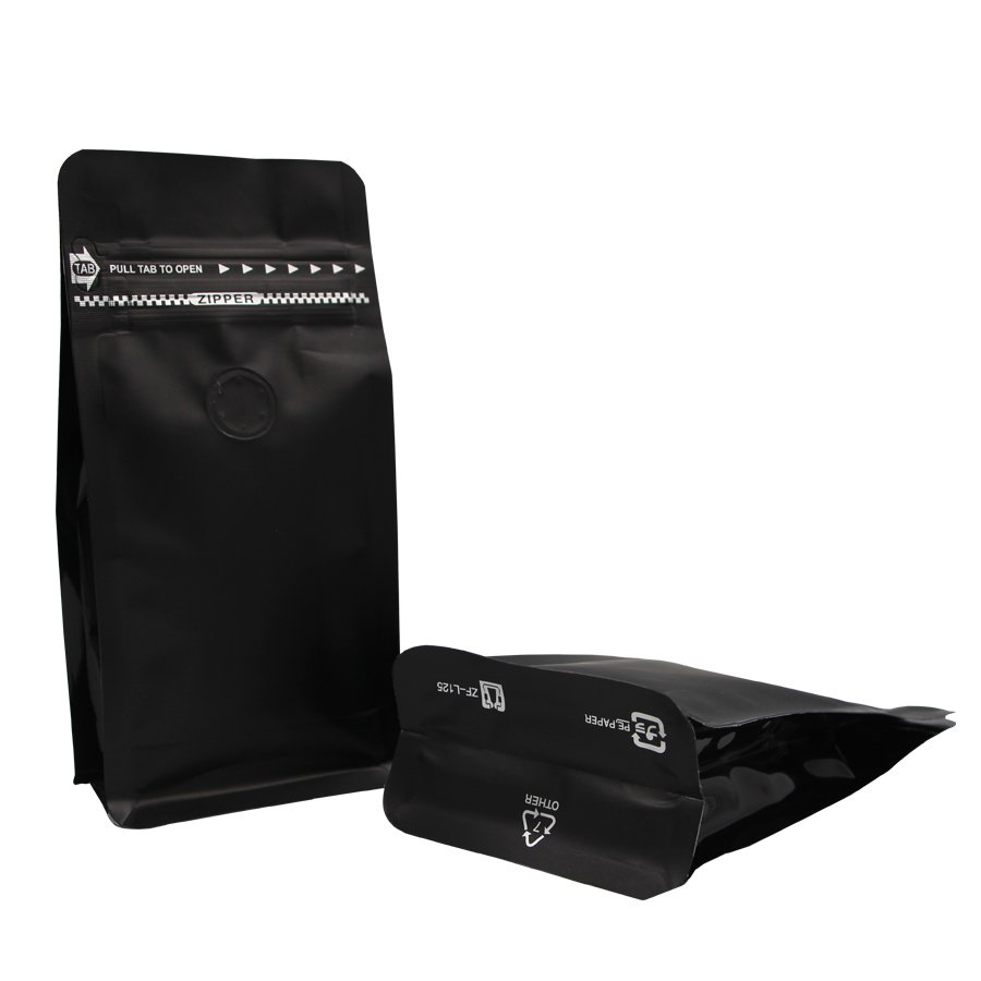 Custom 8Oz 180Micron Matt Black Kraft Paper/PA/CPP Inventory Foil Lined Wide Bottom Coffee Packaging Bags With Valve And Tin Tie
