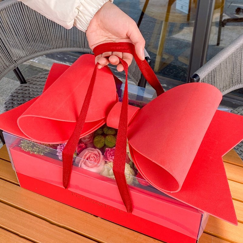 XJH 2024 Mother's Day Red Transparent Portable Fruit Flowers Box With Bowknot for Birthday Wedding Party Gift Candy Packaging