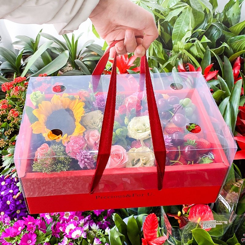 XJH 2024 Mother's Day Red Transparent Portable Fruit Flowers Box With Bowknot for Birthday Wedding Party Gift Candy Packaging